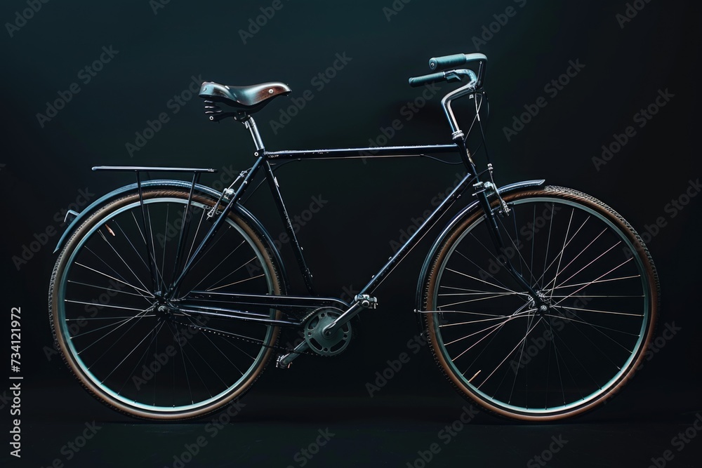 A black bicycle parked against a black wall. Suitable for urban lifestyle, transportation, and cycling themes