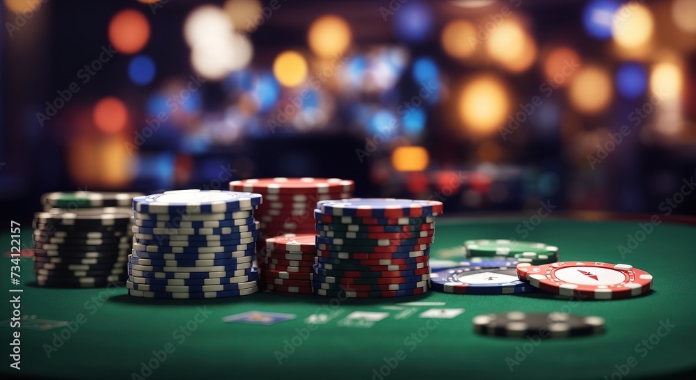 Poker chips, Casino cards game, Internet gambling concept, jackpot, win playing cards on blurry background