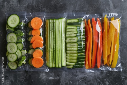 A collection of various fresh vegetables packaged in plastic bags. Perfect for use in recipes, cooking blogs, or healthy lifestyle articles