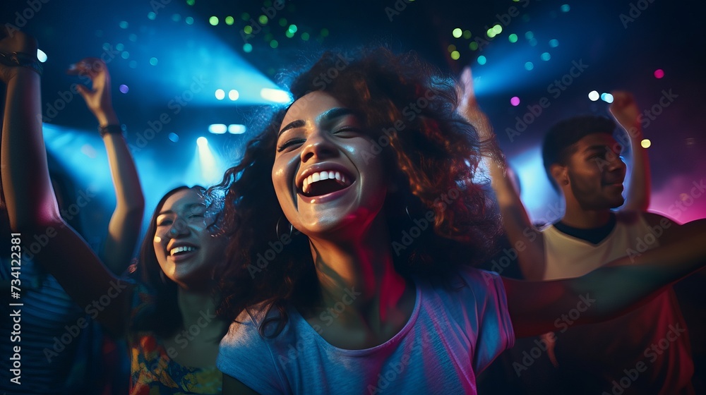 At the College House Party: Diverse Group of Friends Have Fun, Dancing and Socializing. Boys and Girls Dance in the Circle. Disco Neon Strobe Lights Illuminating Room