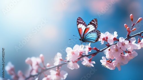 Beautiful blue yellow butterfly in flight and branch of flowering apricot tree in spring at Sunrise on light blue and violet background macro. Elegant artistic image nature. Banner format, copy space © Elchin Abilov