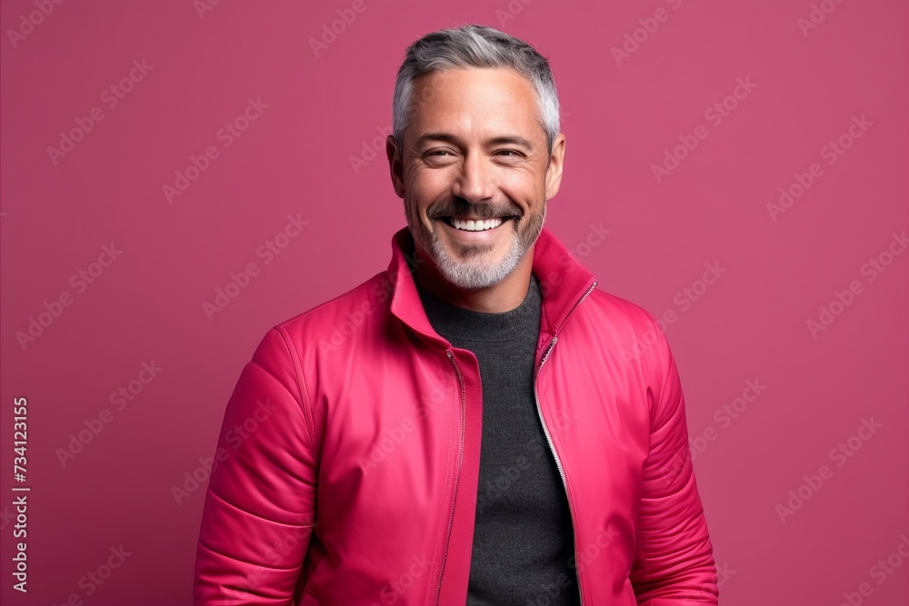 Portrait of smiling mature man in pink jacket. Isolated on pink background Portrait of smiling mature man in pink jacket. Isolated on pink background