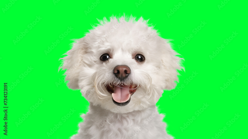 Portrait photo of smiling Bichon Frise on green background Portrait photo of smiling Bichon Frise on green background