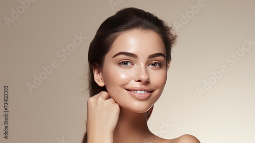 Beauty face woman natural healthy cosmetic skin pure beautiful female happy smile portrait manicure hand