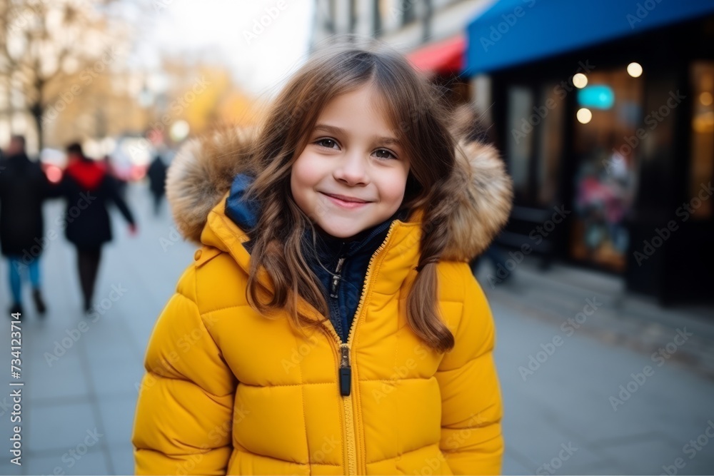 Portrait of a cute little girl in yellow down jacket on the street