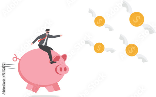 Investor return in stock market investment in financial crisis, money loss in economic collapse or searching for yield concept, investor man riding pink piggy bank catching flying dollar coins money.
