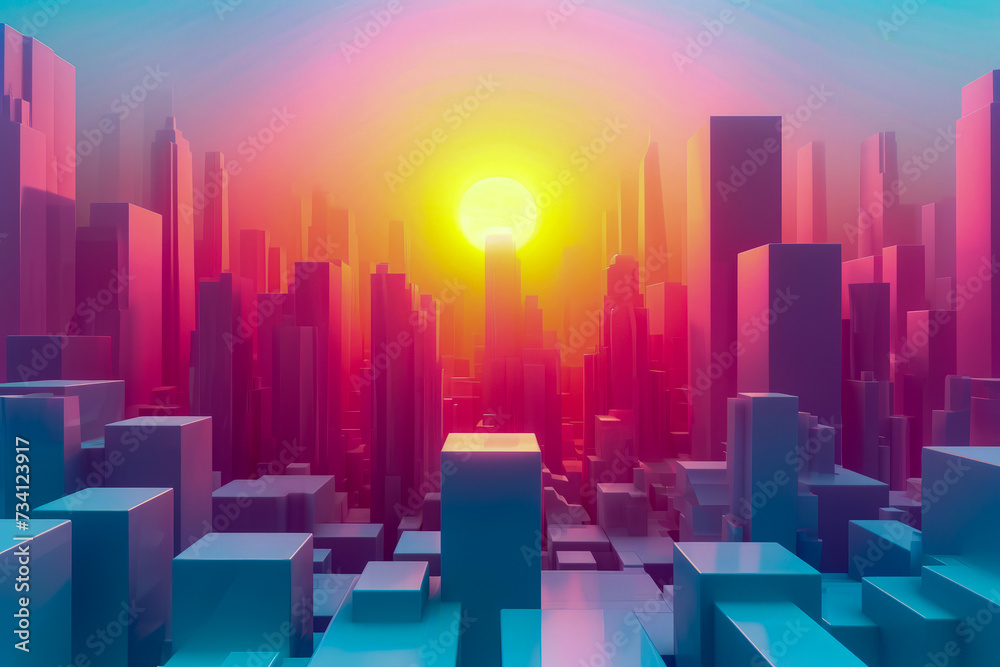 Colorful cityscape with large rising sun in the background.