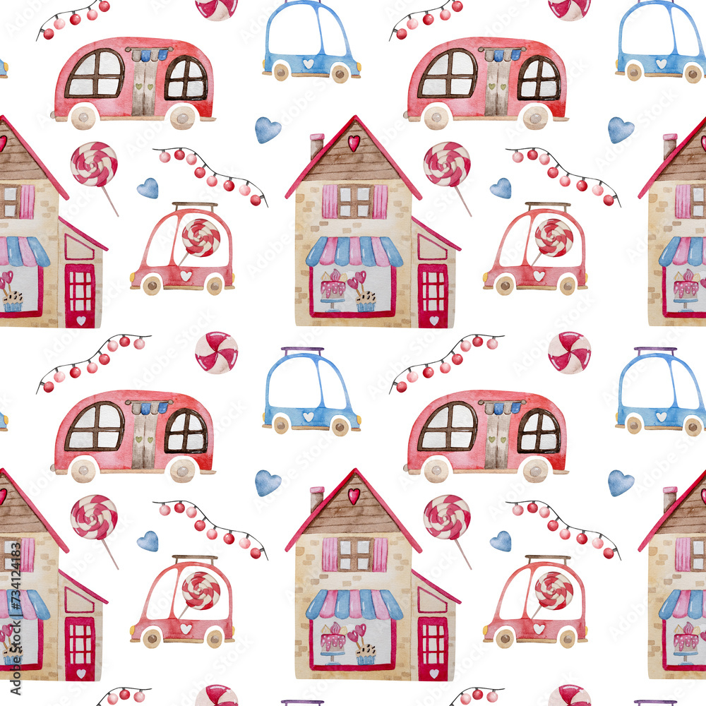 Hand-Drawn Watercolor Illustration Features A Seamless Pattern For Valentine'S Day With Cars, Hearts, And Cupcakes For February 14Th