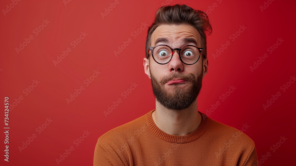 Obraz premium European Man Exuding Curiosity and Wonder, Isolated on Solid Background - Copy Space Included