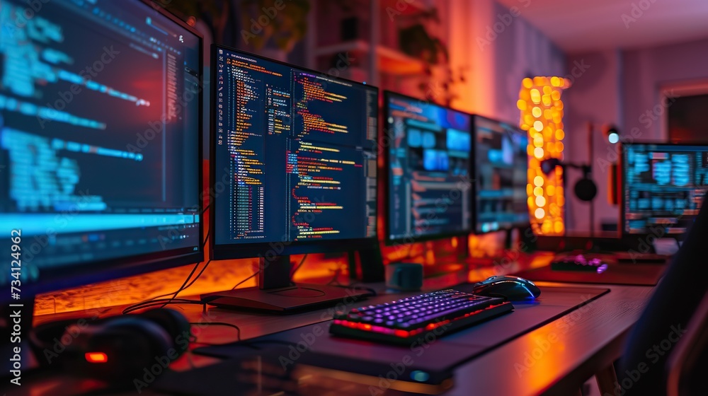 A coding workstation with triple monitors displaying code, illuminated by ambient red and blue lighting, signifying an intense programming environment.