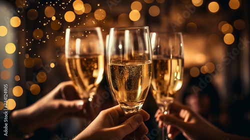 Close up view of champagne glasses. Group of people in beautiful elegant clothes are celebrating New Year indoors together photo