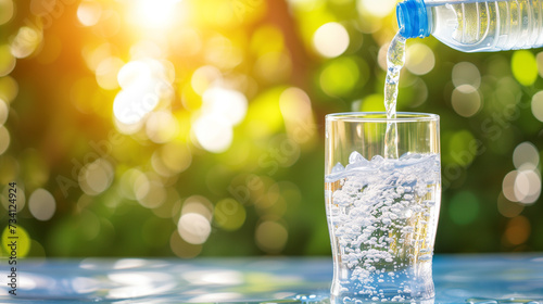 clean drinking water from a bottle is poured into a glass in the garden against the backdrop of a summer sunny day