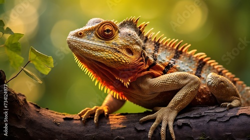 Close-up of a reptile in its natural habitat on a tree branch, set against a stunning natural background wallpaper © Elchin Abilov