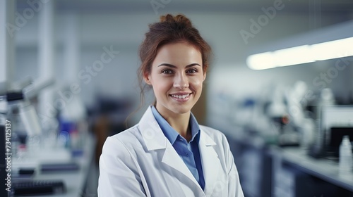 Closeup portrait, young smiling scientist in white lab coat standing by microscope. Isolated lab background. Research and development