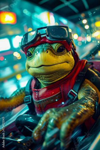 Turtle with red and yellow outfit on including goggles is riding motorcycle.
