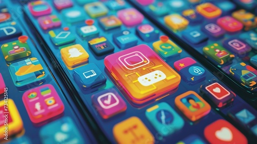 Vibrant, 3D mobile app icons on smartphone screens, symbolizing diverse applications and digital connectivity. photo