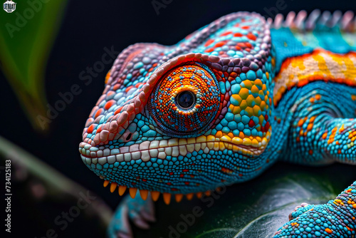 Blue lizard with red and yellow markings on its body is shown in closeup shot looking directly at the camera.