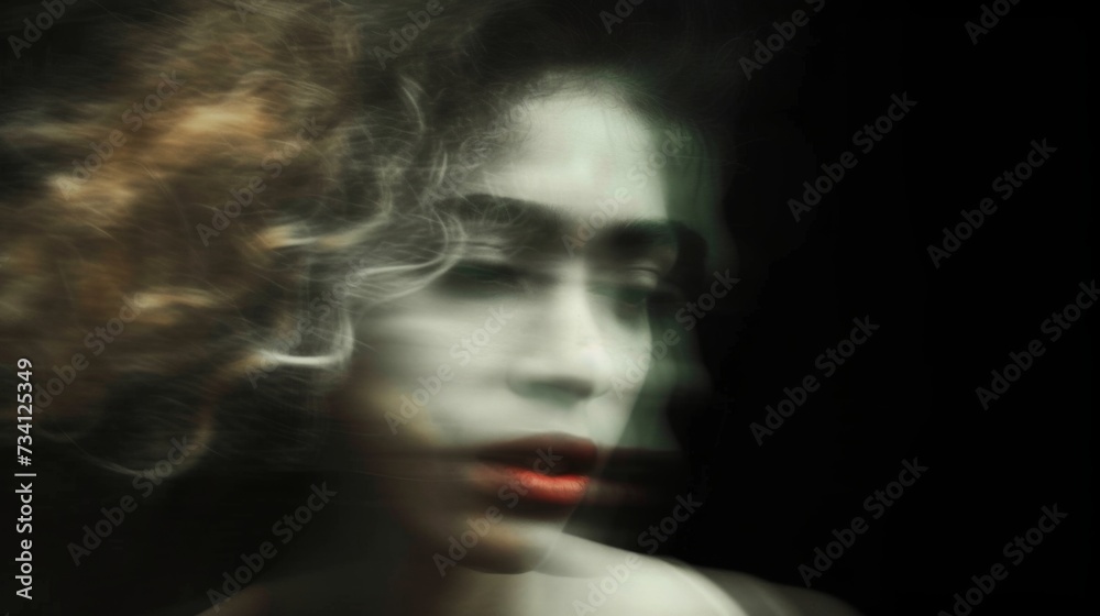 Woman portrait on grey background. Blurred face hand shape out of focus. Mysterious and sensitive female portrait in fashion art style