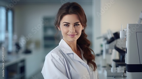 Closeup portrait, young smiling scientist in white lab coat standing by microscope. Isolated lab background. Research and development