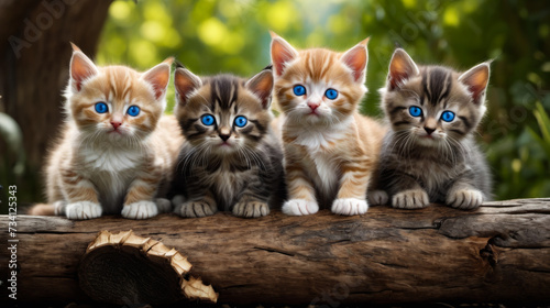 Kittens with blue eyes sit together on tree branch.