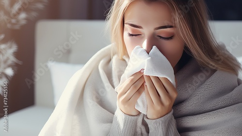 Cold and flu. Sick woman caught cold  feeling illness and sneezing in paper wipe. Closeup of beautiful unhealthy girl covered in blanket wiping nose and looking at thermometer. Healthcare concept