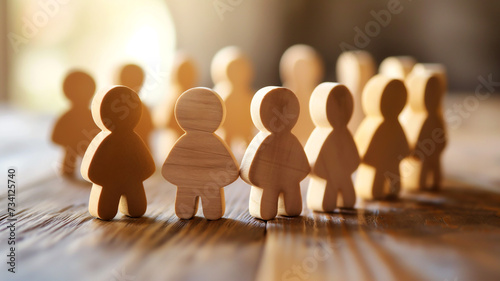 Wooden figures on a table representing community, unity, teamwork, and collaboration.