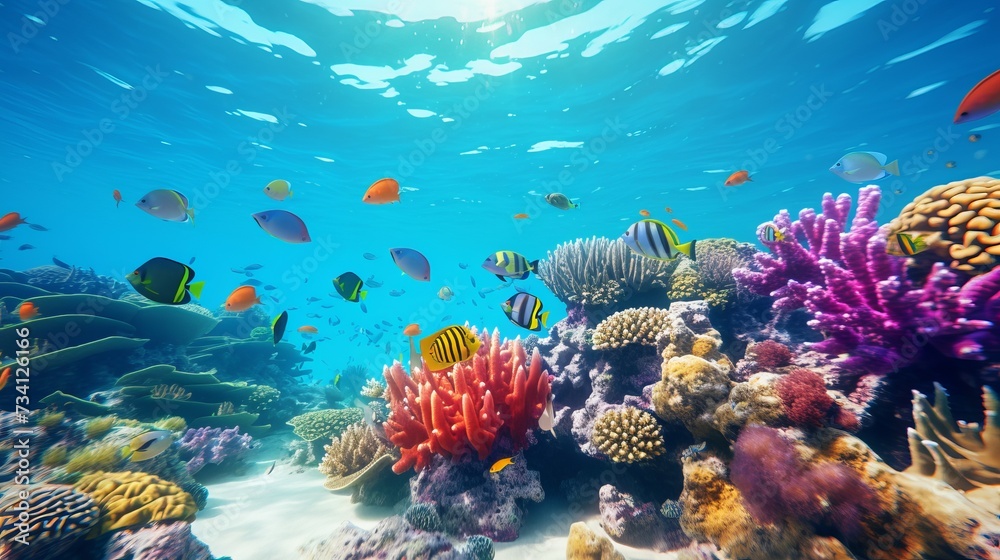 Colorful tropical fish in coastal waters. Animals of the underwater sea world. Life in a coral reef. Ecosystem.