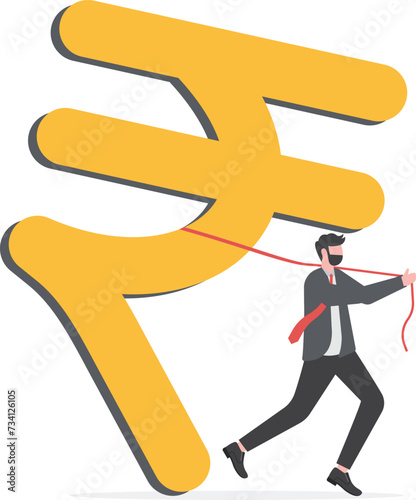 Indian investment opportunity, India economics or financial policy, budget, currency or wages and income concept, successful businessman investor pulling large Indian rupee money symbol.

