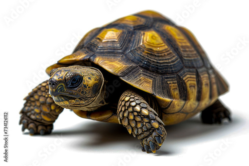 Box turtle with brown and yellow shell is sitting on white surface.