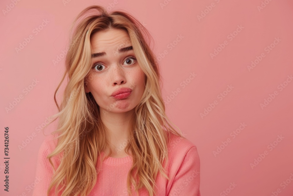 Fototapeta premium Young blonde woman with a stunned, unhappy and upset expression after learning about credit debt on a pink background with copy space
