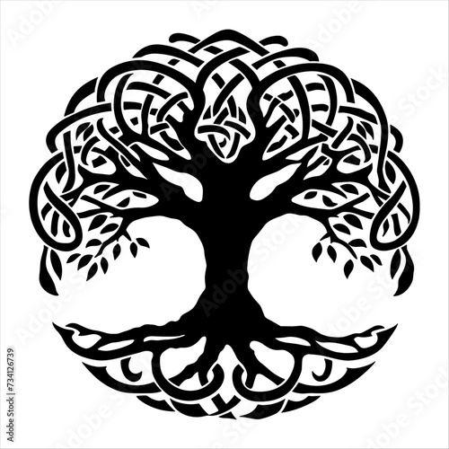 Tree of life, Yggdrasil, circle, Norse mythology, Celtic symbol, black, vector, generative ai, isolated on a white background