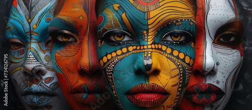 Illustration of three women with their faces painted with ancient tribal style inspiration. photo