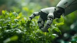 A robotic hand amidst lush greenery, touching wet leaves, illustrating advanced robotics in environmental management.