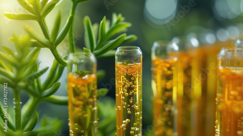 Close-up of test tubes with plant-based extracts surrounded by vibrant green foliage in a botanical research setting.