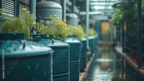 Row of industrial rainwater collection barrels with attached flowers, set in an urban greenhouse environment.