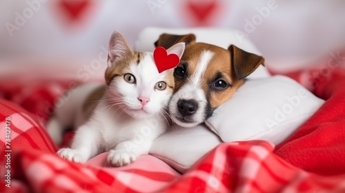 Cute kitten and jack russell terrier puppy sleep together with red heart under warm blanket on a bed on festive background. Valentines day concept
