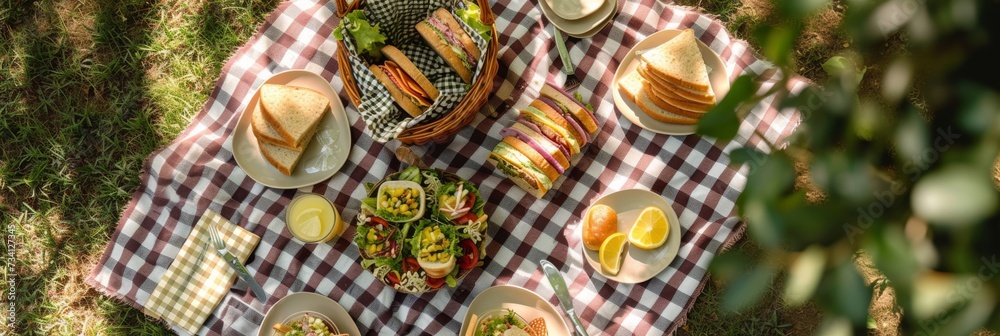Summer Picnic Spread on Checkered Blanket in Park Setting