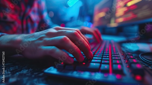 Gamer's hand on a mechanical keyboard with dynamic backlighting, part of a high-tech gaming setup.