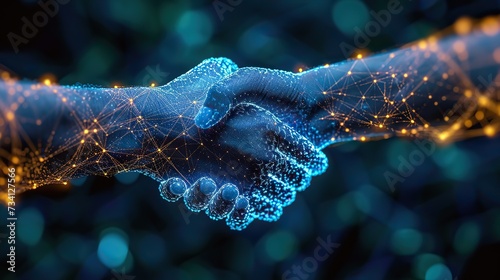 A conceptual digital handshake composed of network nodes and connections, symbolizing the merging of technology and human interaction.