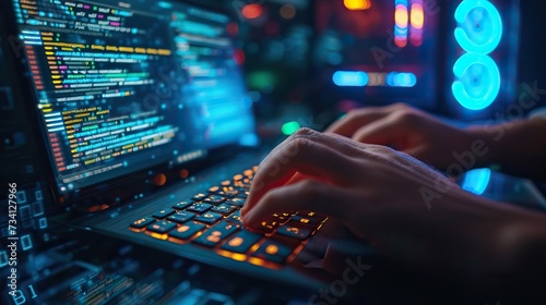 A focused cybersecurity professional codes on a backlit keyboard in a dark room, with a monitor displaying complex programming code. © Sodapeaw