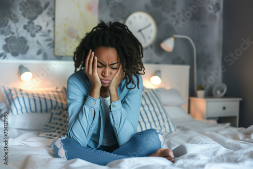 Young woman sitting on bed with head in hands, looking distressed and overwhelmed by financial problems. Credit debt concept.