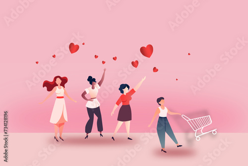 Women's concept with happy shoping multinational diverse women celebrate womens day. Struggling for freedom, independence, equality. Flat style vector illustration

