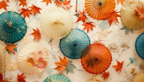 a white wall with colorful umbrellas and leaves painted on it Generative AI