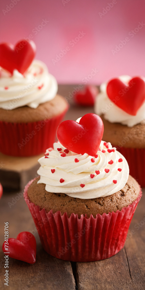 Cupcakes decorated with white cream and hearts on a pink background. Cupcakes decorated with white cream and hearts on a pink background.