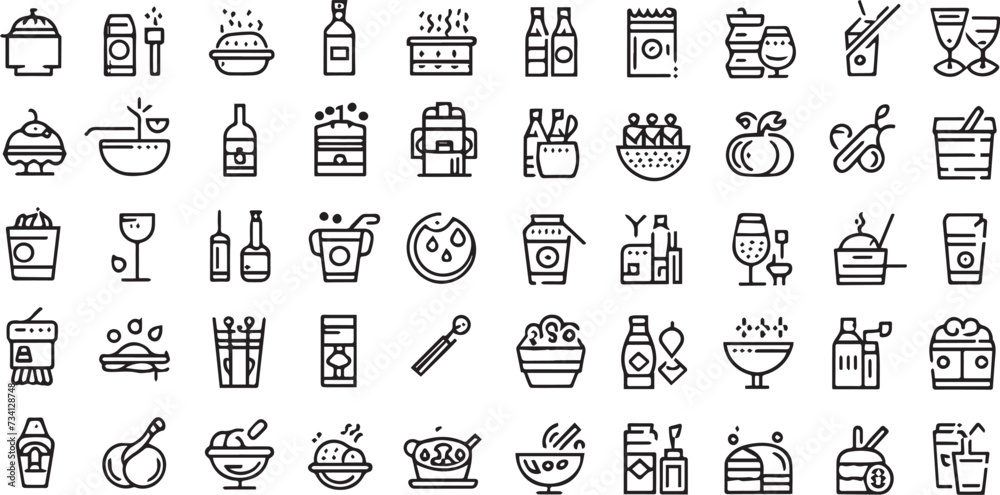 Set of 50 outline icons related to food and drink. Linear icon collection. Editable stroke. Vector illustration Set of 50 outline icons related to food and drink. Linear icon collection. Editable stroke. Vector illustration