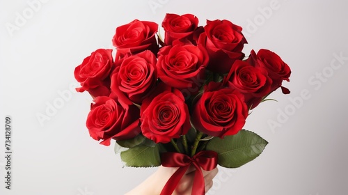 Female hands with bouquet of beautiful red roses on white background. Valentine s day celebration