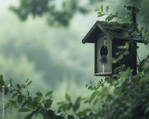 Misty Forest Birdhouse Scene Illustration
