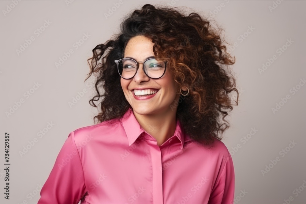 Portrait of a beautiful young business woman with curly hair and glasses