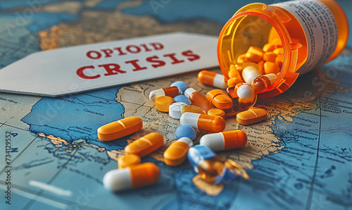 Opioid Crisis Depicted with Spilled Prescription Pills on United States Map, Highlighting the Epidemic of Drug Addiction