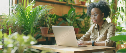 A young woman is deeply concentrated on her work, typing on a laptop in a vibrant café surrounded by lush green plants. Digital nomad concept. Banner.